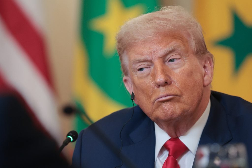U.S. President Donald Trump listens as African Leaders deliver remarks during a multilateral lunch in the State Dining Room of the White House July 9, 2025 in Washington, DC.