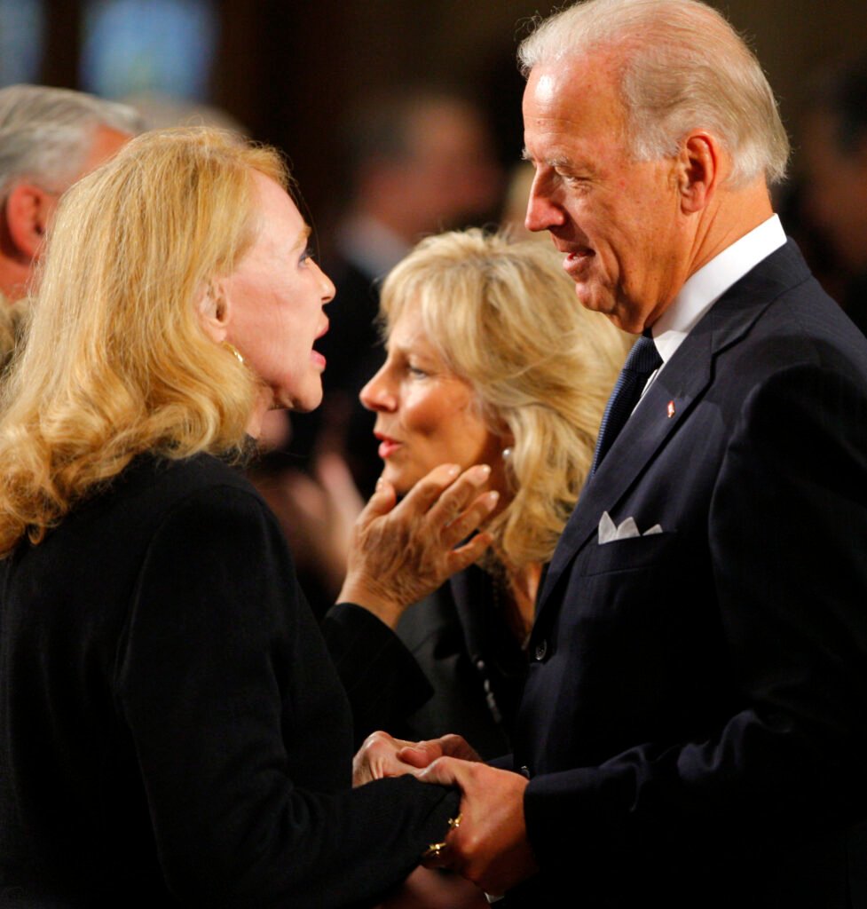 U.S. Vice President Joe Biden (R) and his wife Jill (C) talk with U.S. Senator Edward Kennedy's ex-wife Joan Kennedy (L) during funeral services for Sen. Kennedy at the Basilica of Our Lady of Perpetual Help August 29, 2009 in Boston, Massachusetts. 