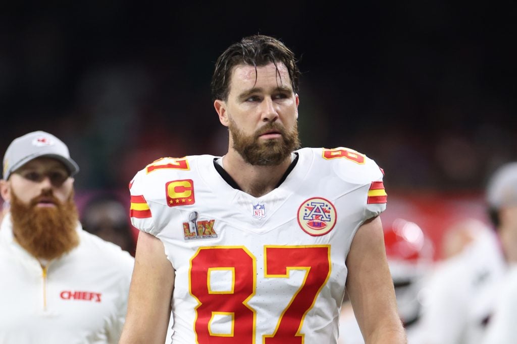 Travis Kelce #87 of the Kansas City Chiefs walks off the field at half time against the Philadelphia Eagles during Super Bowl LIX at Caesars Superdome on February 09, 2025 in New Orleans, Louisiana. 