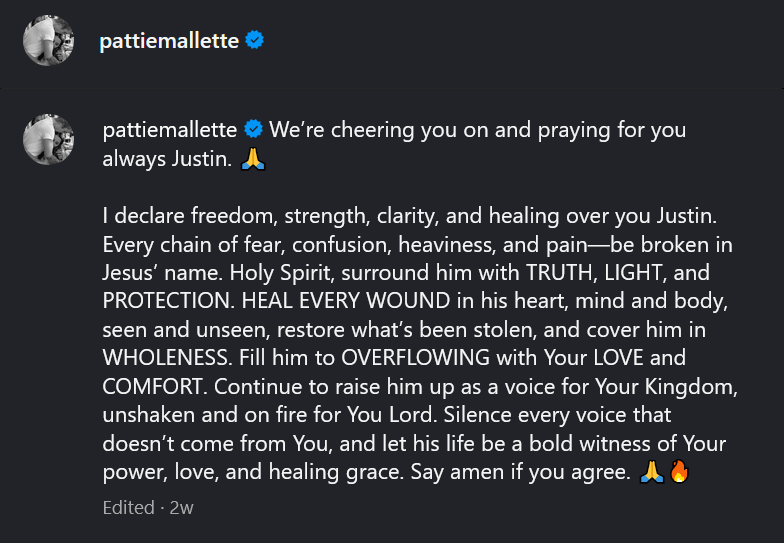 A dark mode screenshot of a Pattie Mallette Instagram caption.
