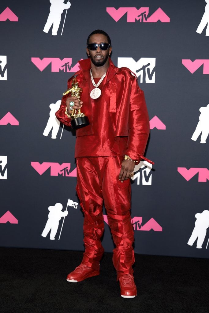 Diddy poses in the press room with his Global Icon Award at the 2023 MTV Video Music Awards at Prudential Center on September 12, 2023 in Newark, New Jersey.