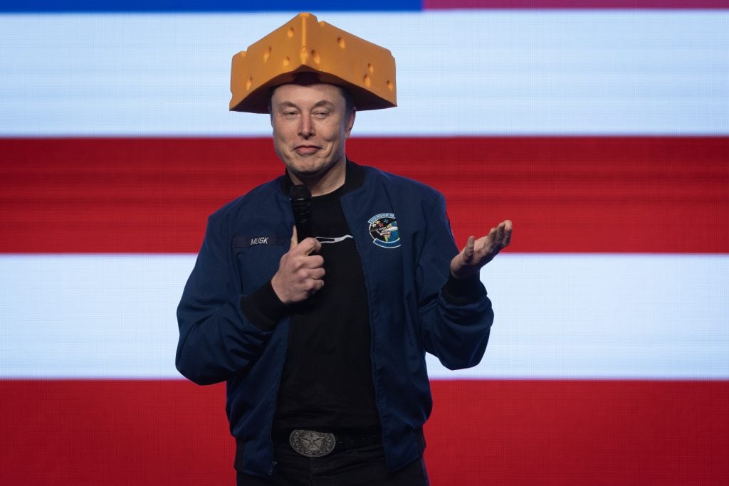 Elon Musk wearing a cheese hat like a dorky loser on March 30, 2025.