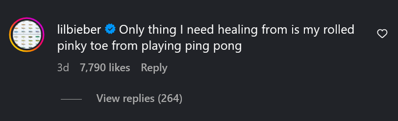 A dark mode screenshot of a Justin Bieber Instagram comment.