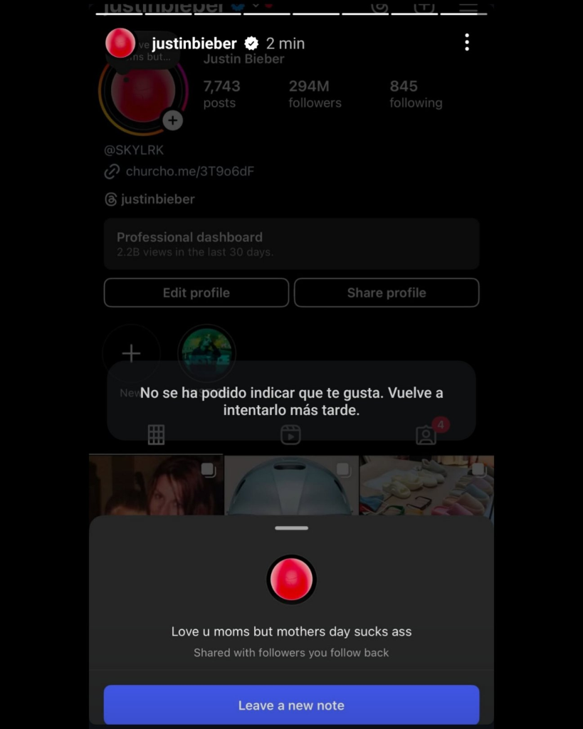 A screenshot of Justin Bieber saying that Mother's Day sucks ass.