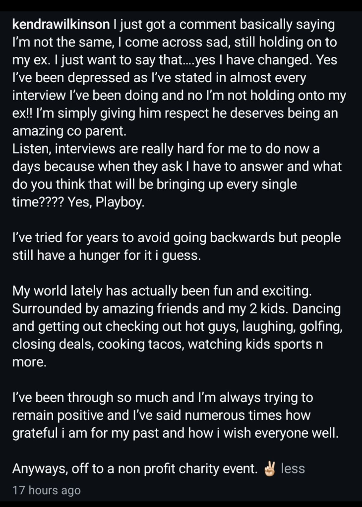 A dark mode screenshot of Kendra Wilkinson's Instagram caption on May 8, 2025.