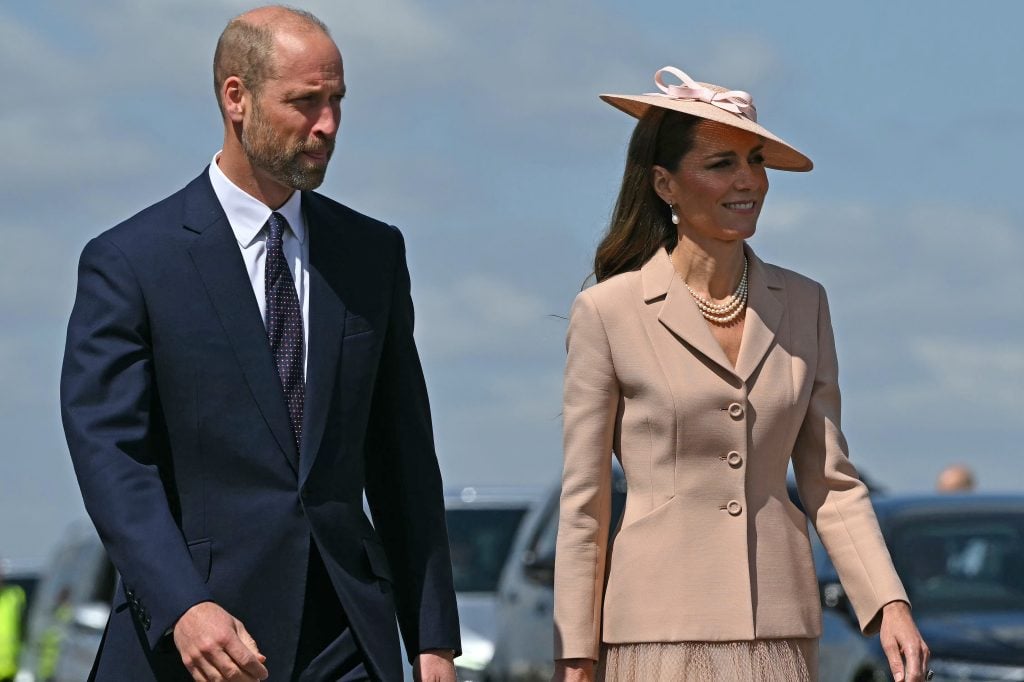 Prince William, Prince of Wales and Catherine, Princess of Wales arrive to greet France's President Emmanuel Macron and his wife Brigitte Macron, upon arrival at RAF Northolt on July 8, 2025 in Windsor, England.