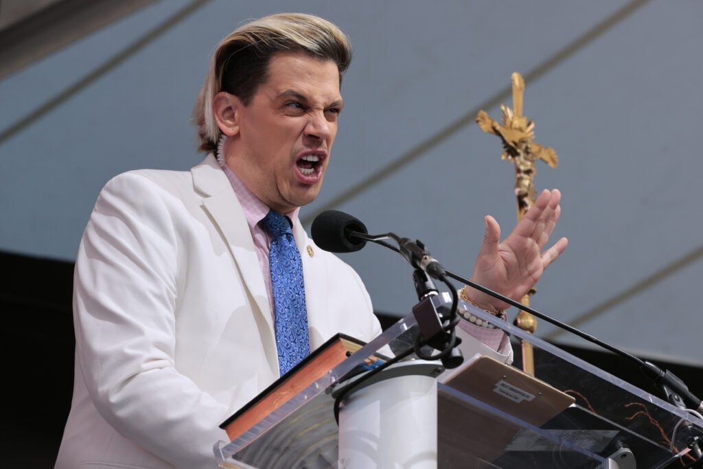 British far-right political pundit Milo Yiannopoulos hosts the âBishops Enough Is Enoughâ rally at the MECU Pavilion November 16, 2021 in Baltimore, Maryland. 