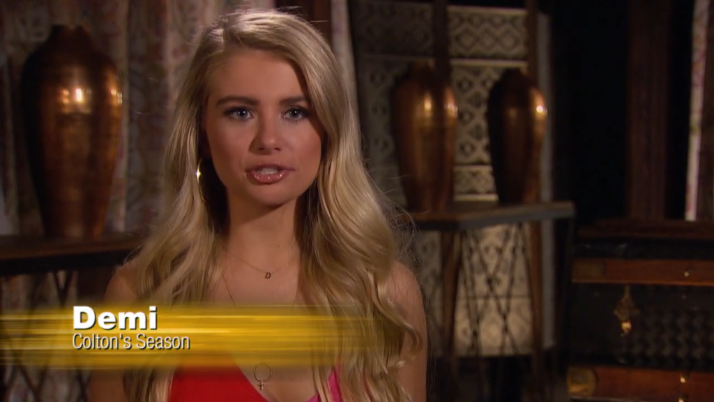 Demi Burnett with a graphic explaining that she is from Colton's Season.