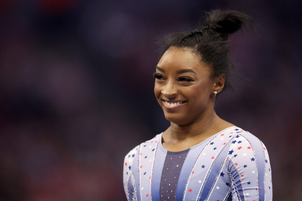 Simone Biles smiles on Day Two of the 2024 U.S. Olympic Team Gymnastics Trials at Target Center on June 28, 2024 in Minneapolis, Minnesota.