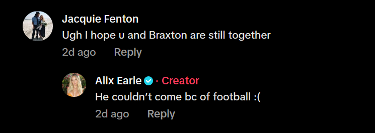 A dark mode TikTok screenshot showing Alix Earle reassuring a fan.