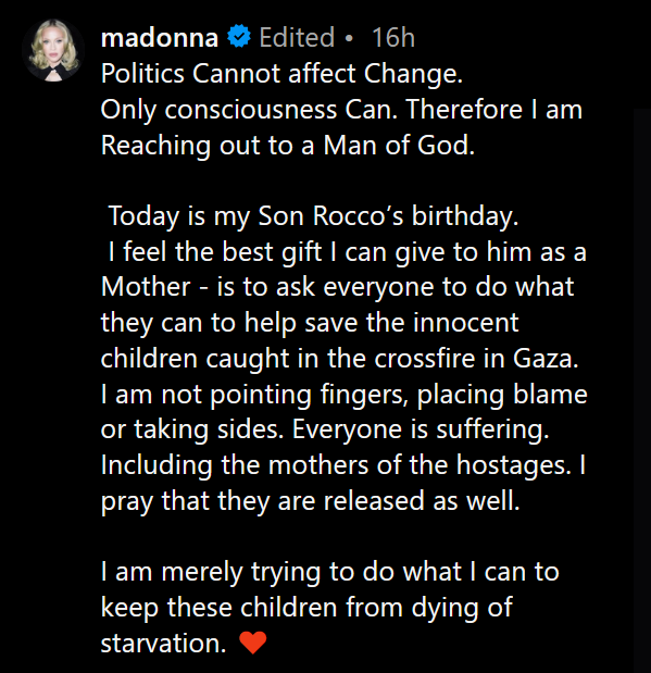 A dark mode Instagram screenshot of Madonna's caption.
