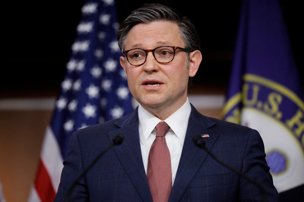Speaker of the House Mike Johnson (R-LA) speaks during a news conference following a closed-door caucus meeting at the U.S. Capitol Visitors Center on March 20, 2024 in Washington, DC. 