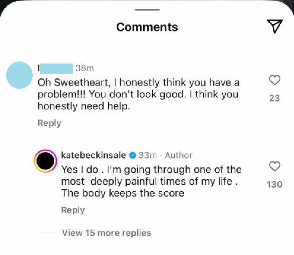 Kate Beckinsale in a dreadfully light mode Instagram comment.