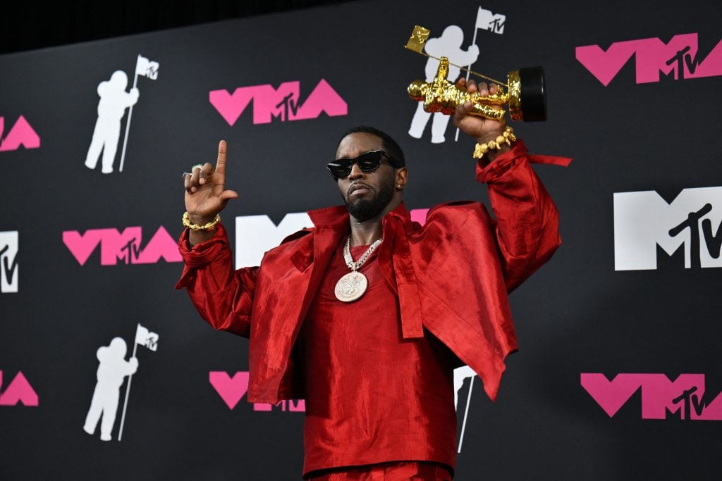 Sean Diddy Combs poses with the Global Icon award in the press room during the MTV Video Music Awards at the Prudential Center in Newark, New Jersey, on September 12, 2023. 