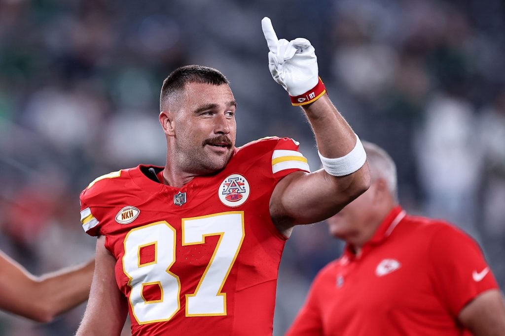 Travis Kelce #87 of the Kansas City Chiefs looks on prior to the game New York Jets at MetLife Stadium on October 01, 2023 in East Rutherford, New Jersey. 