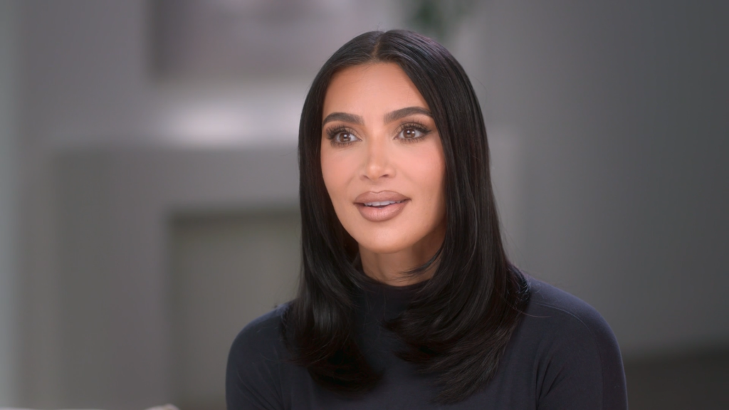 Kim Kardashian wears all black while speaking to the confessional camera on The Kardashians in 2023. Kim Kardashian wears all black while speaking to the confessional camera on The Kardashians in 2023.