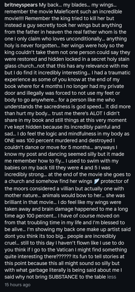 A dark mode Instagram screenshot of Britney Spears' lengthy caption. A dark mode Instagram screenshot of Britney Spears' lengthy caption.