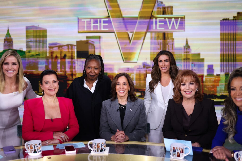 US Vice President and Democratic presidential nominee Kamala Harris (C) is pictured in studio at ABC during a break in the recording of the show The View with hosts (L-R) Sara Haines, Ana Navarro, Whoopi Goldberg, Alyssa Farah Griffin, Joy Behar and Sunny Hostin in New York on October 8, 2024.  US Vice President and Democratic presidential nominee Kamala Harris (C) is pictured in studio at ABC during a break in the recording of the show The View with hosts (L-R) Sara Haines, Ana Navarro, Whoopi Goldberg, Alyssa Farah Griffin, Joy Behar and Sunny Hostin in New York on October 8, 2024.