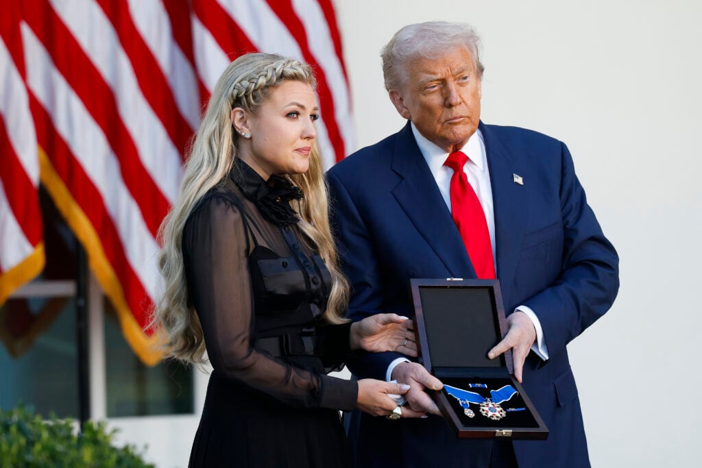 U.S. President Donald Trump posthumously awards the Presidential Medal of Freedom to late conservative activist Charlie Kirk as he presents the Medal to his wife Erika Kirk (L) during a ceremony in the Rose Garden of the White House on October 14, 2025 in Washington, DC.   U.S. President Donald Trump posthumously awards the Presidential Medal of Freedom to late conservative activist Charlie Kirk as he presents the Medal to his wife Erika Kirk (L) during a ceremony in the Rose Garden of the White House on October 14, 2025 in Washington, DC.