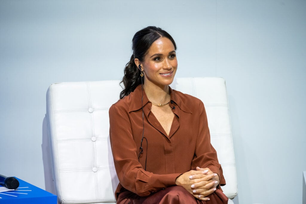 Meghan, Duchess of Sussex, during a forum about digital responsibility at EAN University during a visit around Colombia on August 15, 2024 in Bogota, Colombia. 