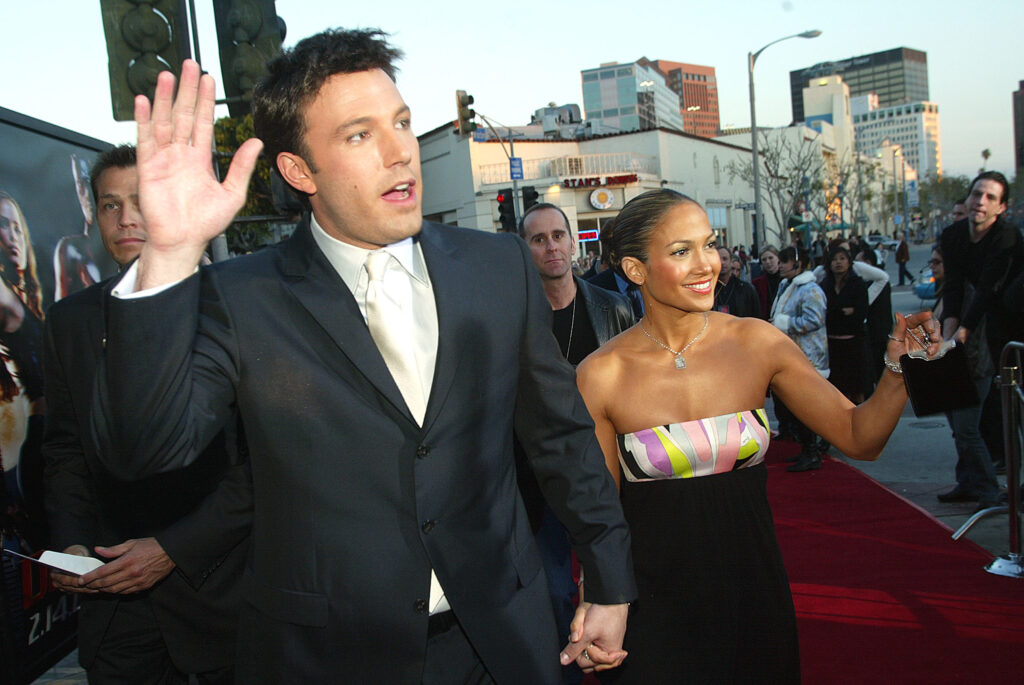 Ben Affleck and Jennifer Lopez arrive at the premiere of Daredevil at the Village Theatre on February 9, 2003 in Los Angeles, California. 