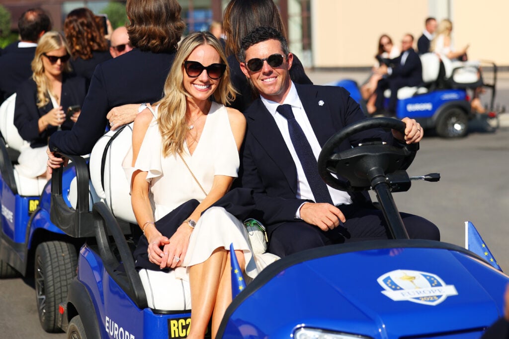 Rory McIlroy of Team Europe and wife Erica Stoll arrive at the opening ceremony for the 2023 Ryder Cup at Marco Simone Golf Club on September 28, 2023 in Rome, Italy.