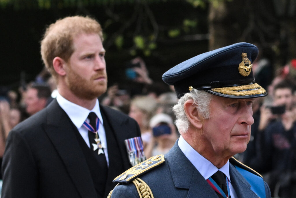 King Charles III and Britain's Prince Harry, Duke of Sussex walk behind the coffin of Queen Elizabeth II.