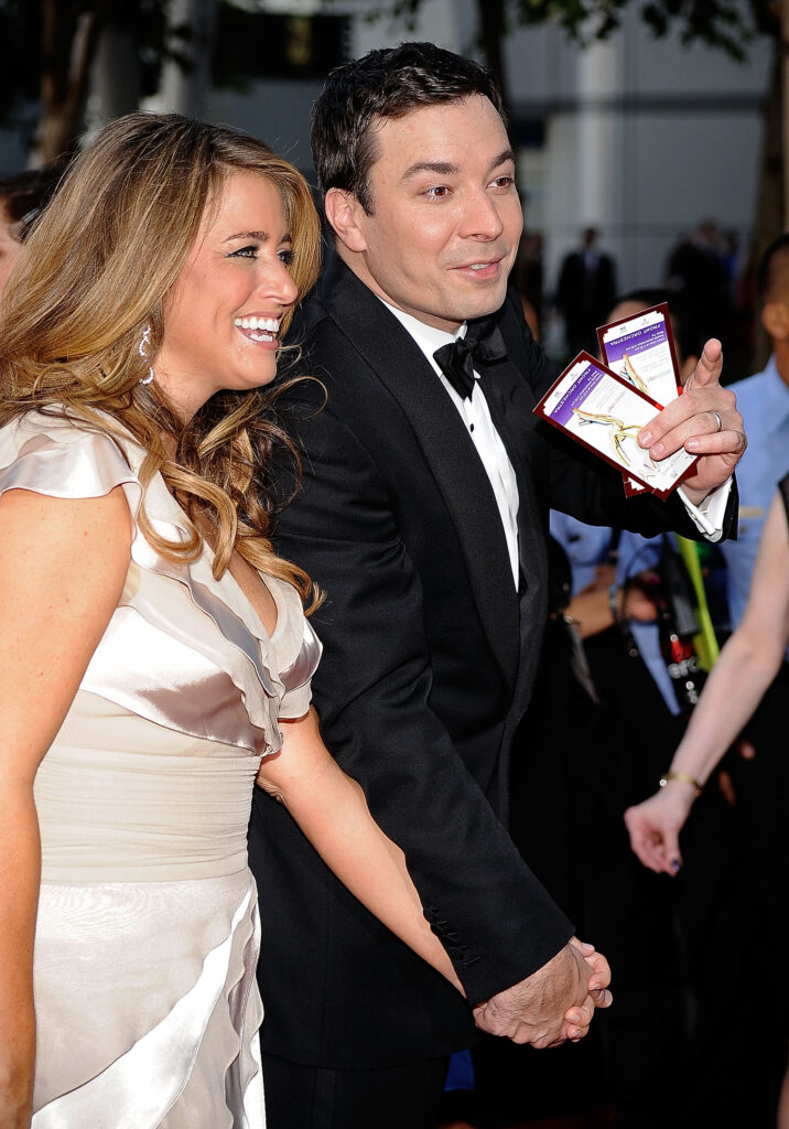 Jimmy Fallon and producer Nancy Juvonen  arrive at the 61st Primetime Emmy Awards held at the Nokia Theatre on September 20, 2009 in Los Angeles, California. 