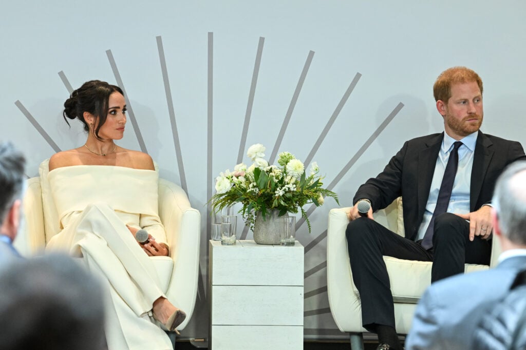 Meghan, Duchess of Sussex and Prince Harry, Duke of Sussex speak onstage at The Archewell Foundation Parentsâ Summit: Mental Wellness in the Digital Age during Project Healthy Minds' World Mental Health Day Festival 2023 at Hudson Yards on October 10, 2023 in New York City. 