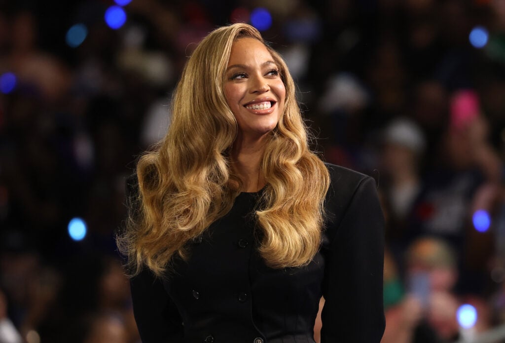 BeyoncÃ© looks on during a campaign rally with Democratic presidential nominee, U.S. Vice President Kamala Harris, at Shell Energy Stadium on October 25, 2024 in Houston, Texas. 