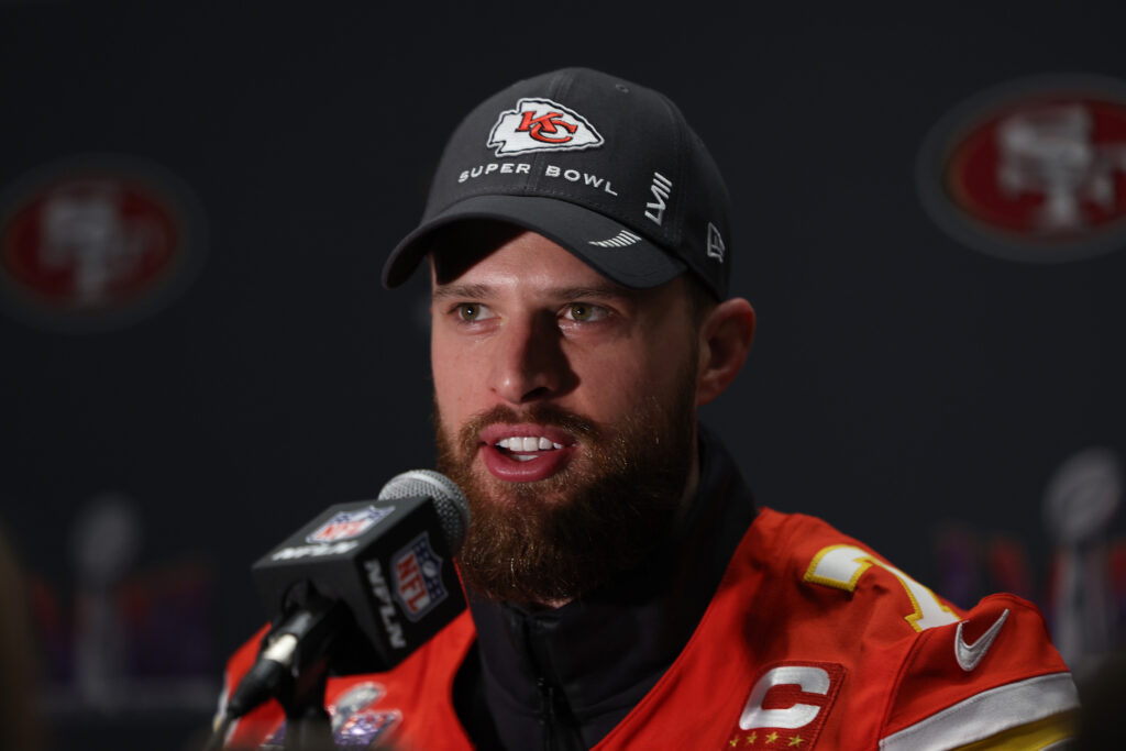 Harrison Butker  of the Kansas City Chiefs speaks to the media during Kansas City Chiefs media availability ahead of Super Bowl LVIII at Westin Lake Las Vegas Resort and Spa on February 08, 2024 in Henderson, Nevada. 