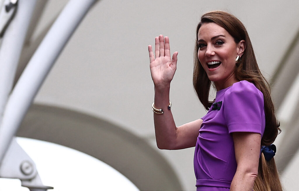 Kate Middleton on July 14, 2024, waving to the Wimbledon crowd.