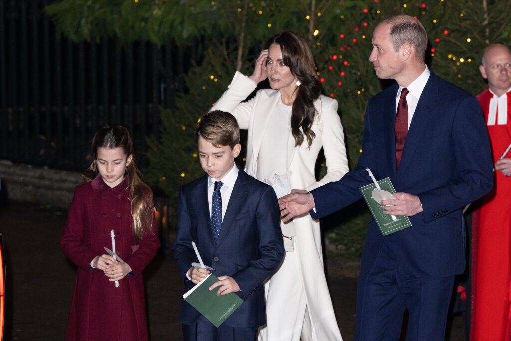 Princess Charlotte, Prince George, Kate Middleton, and Prince William in December of 2023.