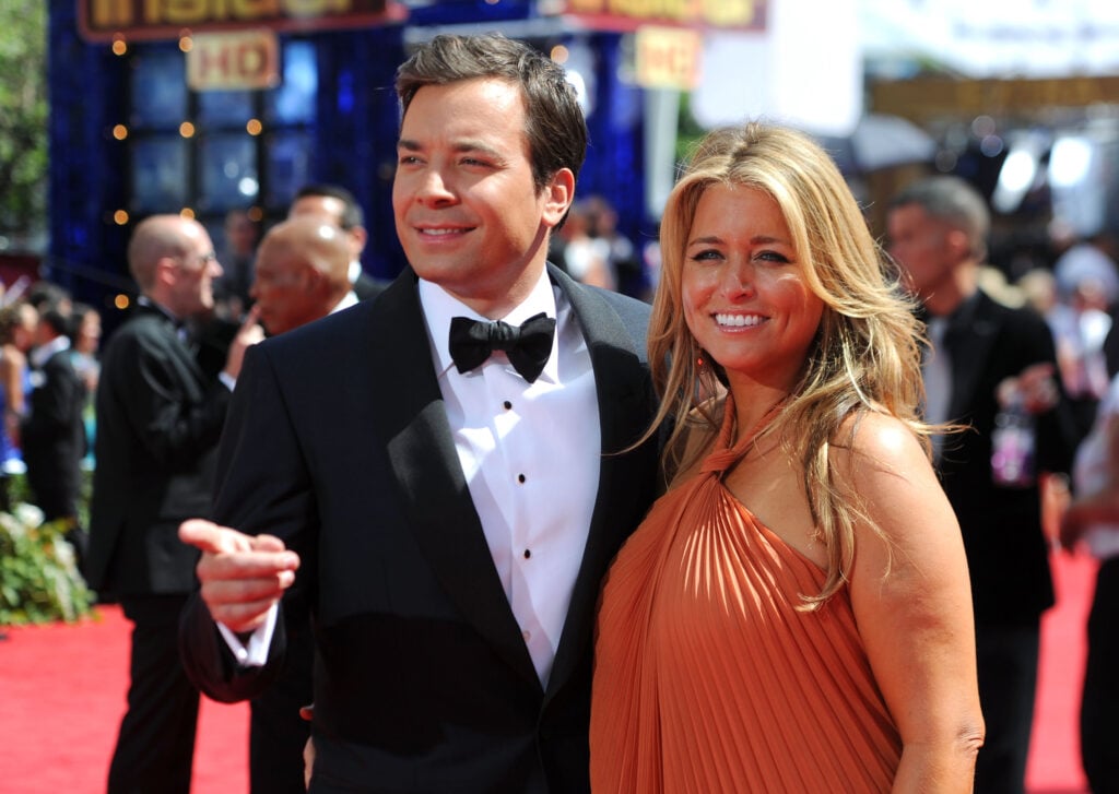 immy Fallon and Nancy Juvonen arrive at the 62nd Annual Primetime Emmy Awards held at the Nokia Theatre L.A. Live on August 29, 2010 in Los Angeles, California.  