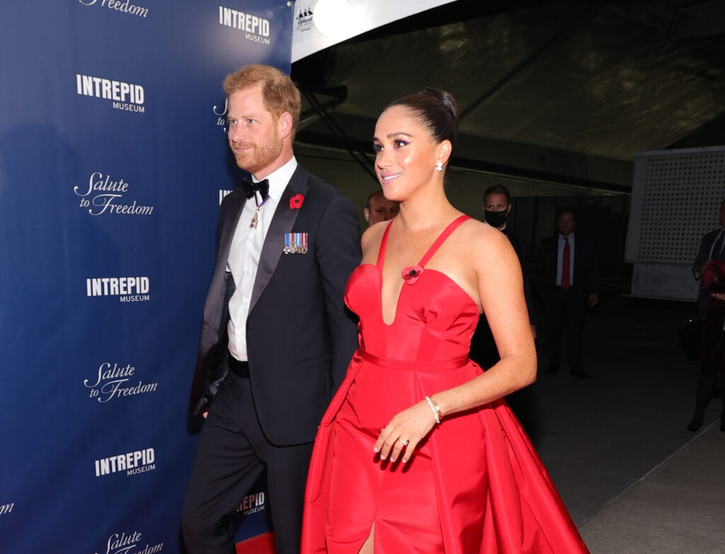 Prince Harry, Duke of Sussex, and Meghan, Duchess of Sussex attend as Intrepid Museum hosts Annual Salute To Freedom Gala on November 10, 2021 in New York City. 