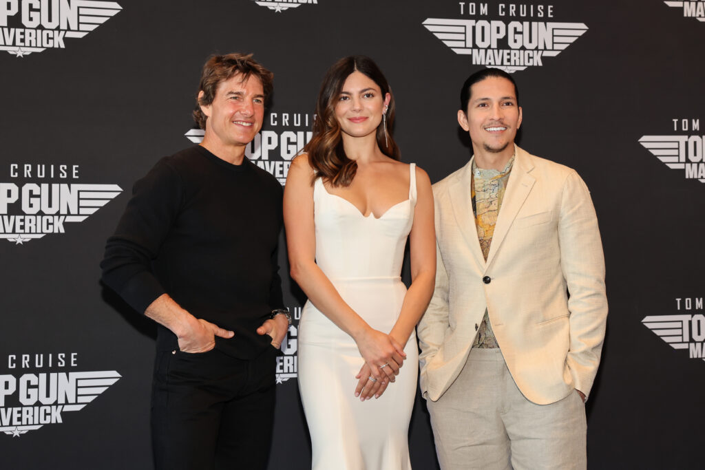 Tom Cruise, Monica Barbaro and Danny RamÃrez attend the Mexico Press Day of Top Gun: Maverick at The Ritz Carlton Hotel on May 06, 2022 in Mexico City, Mexico.