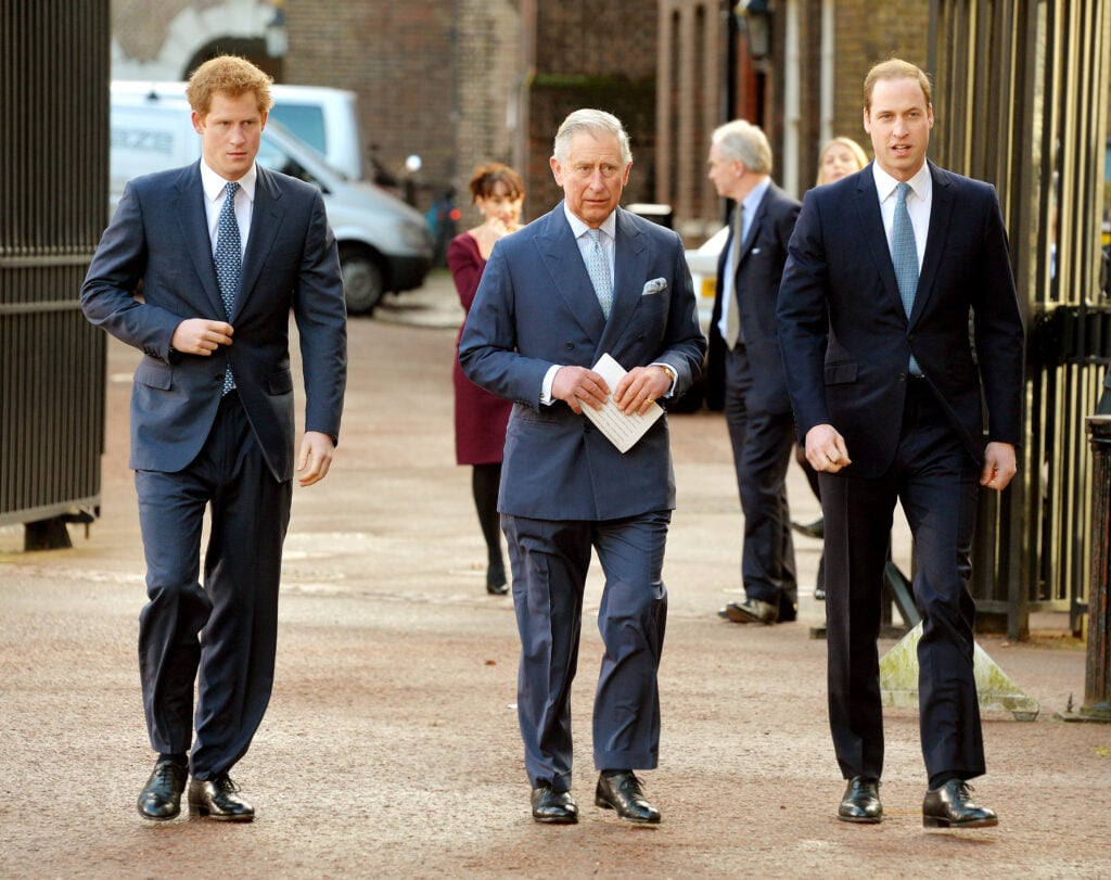 A 2014 photo of Prince Harry, Prince William, and then-Prince Charles who is now King Charles.