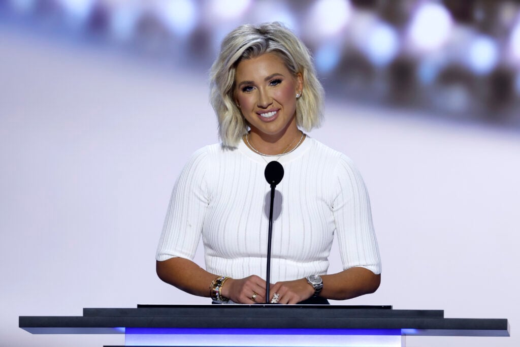 Reality TV star Savannah Chrisley speaks on stage on the second day of the Republican National Convention at the Fiserv Forum on July 16, 2024 in Milwaukee, Wisconsin.  