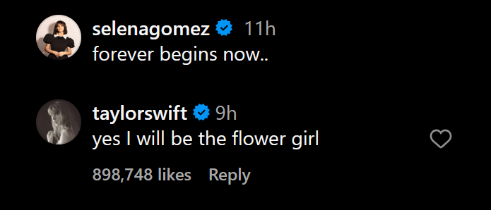 Taylor Swift comments under a Selena Gomez caption in this dark mode screenshot from Instagram.