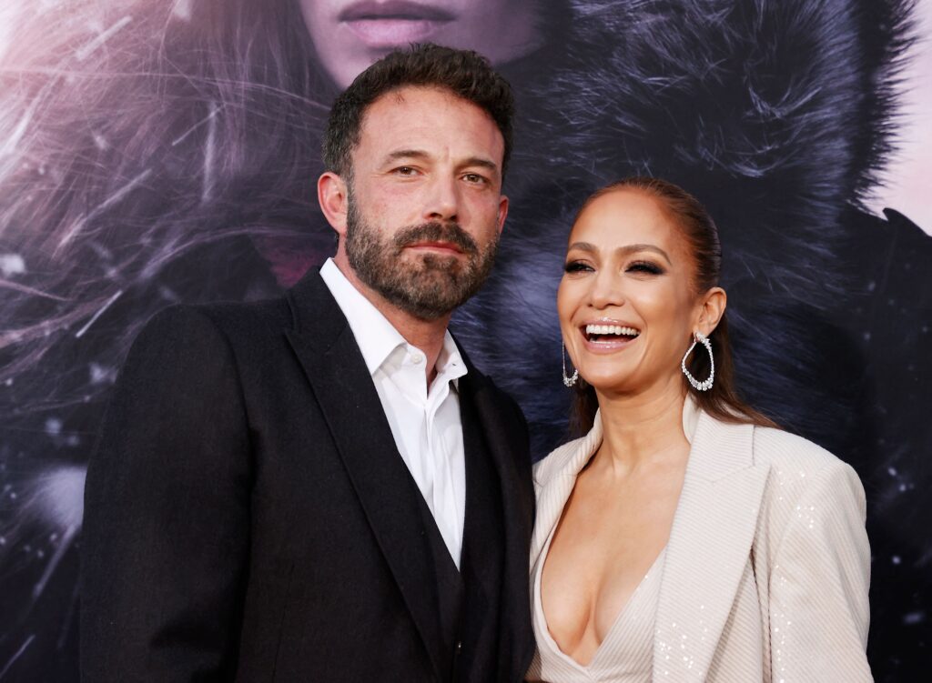 Jennifer Lopez and US actor Ben Affleck arrive for the premiere of The Mother at the Westwood Regency Village Theater in Los Angeles, California, on May 10, 2023.