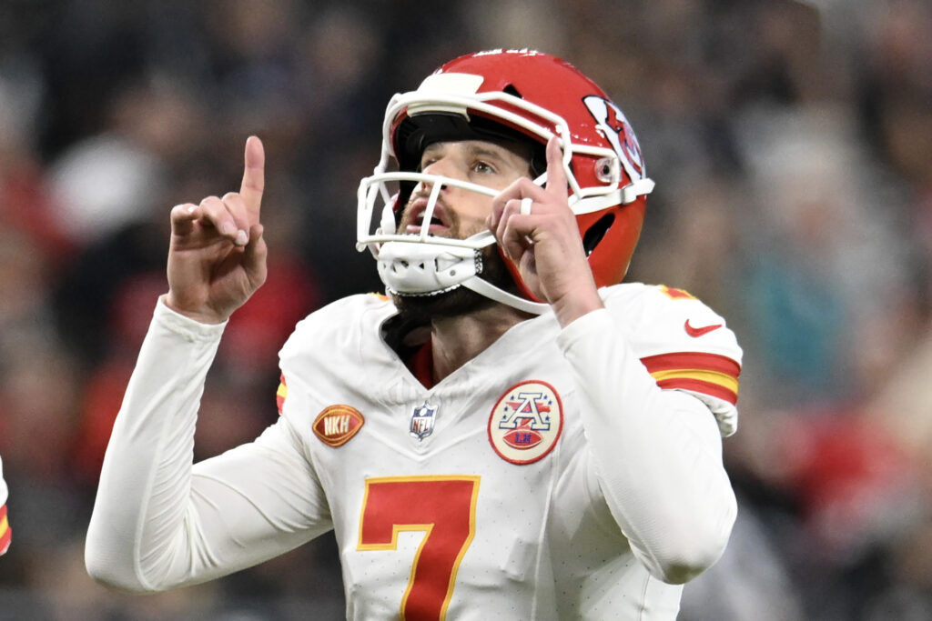 Harrison Butker #7 of the Kansas City Chiefs celebrates kicking a field goal in the fourth quarter against the Las Vegas Raiders at Allegiant Stadium on November 26, 2023 in Las Vegas, Nevada.