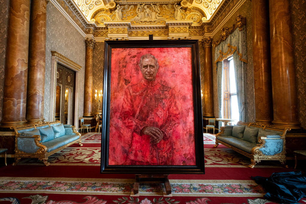 An official portrait of King Charles III, painted by artist Jonathan Yeo, is pictured during its unveiling, in the Blue Drawing Room at Buckingham Palace in London on May 14, 2024.   